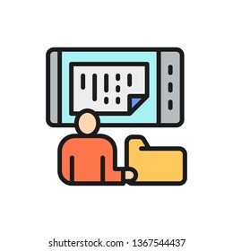 Man stores data in a phone, online storage, mobile database flat color line icon.
