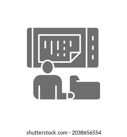 Man stores data in a phone, online storage, mobile database grey icon.