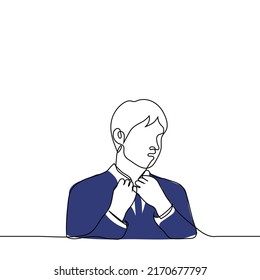 man straightens collar - one line drawing vector. a man in a blue business suit takes off his tie. concept of suffocation, dress or undress