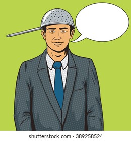 Man with strainer on head pop art style vector illustration. Pastafarian man with colander. Human illustration. Comic book style imitation. Vintage retro style. Conceptual illustration