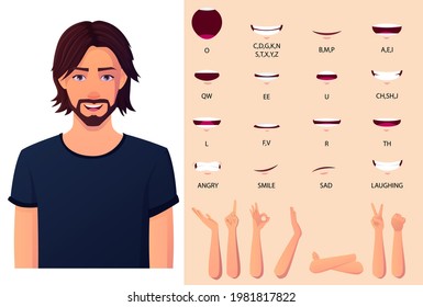 Man With Strait Shag Hair Mouth Animation Set And Lip-syncing Set, And Hand Gestures. Premium Vector File.