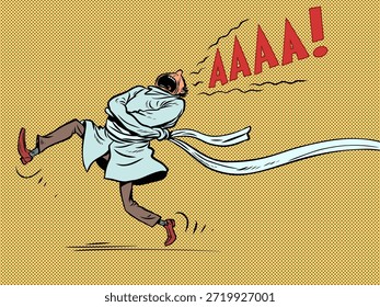 Um homem de camisa de força grita. Uma sensação de pânico e horror. Medo da vida e seus problemas. Desenho animado pop art retro vetor ilustração desenho à mão