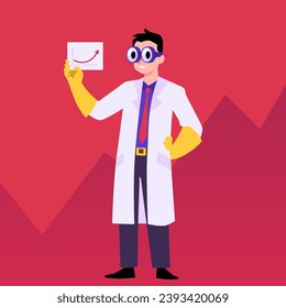 Man in strange big glasses and protective gloves holds a card in his hands, vector illustration. Drawn in flat cartoon style. Business design concept. Male character mad scientist svg