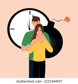 man strangles a crying woman and makes her feel fear and pain. The concept of abuse in relationships and the suppression of personality. Vector illustration in a flat style