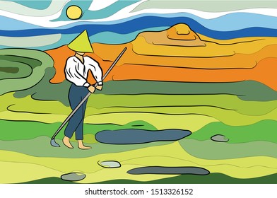 man in a straw hat harvests in a rice field. Vector in color