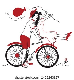 Man in straw hat is riding bicycle with a girl in dress sitting in the front and happy holding red balloon flying in the air. Hand drawn vector sketch doodle illustration. Happy love couple, relations