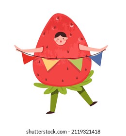 A man in a strawberry costume. A man is standing holding a garland.
