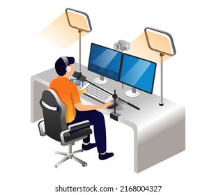 Man streaming in front of computer isometric illustration