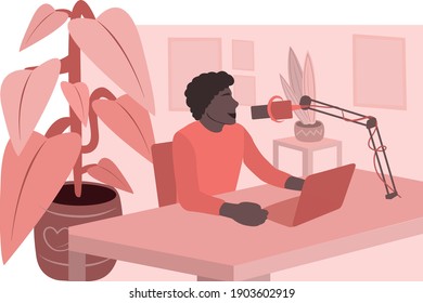  Man streaming a podcast from home