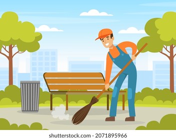 Man Street Cleaner or Garbageman in Orange Uniform Sweeping Yard Ground with Broom Vector Illustration