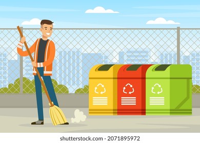 Man Street Cleaner or Garbageman in Orange Uniform Sweeping Yard Ground with Broom Vector Illustration