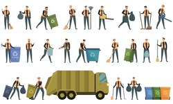 Man Street Cleaner Icons Set Cartoon Vector. Mask Collector. Urban Garbage