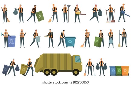 Man street cleaner icons set cartoon vector. Mask collector. Urban garbage