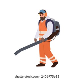 Man street cleaners cartoon character wearing uniform using machine to remove leaves from street