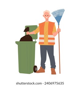 Man street janitor public service worker cartoon character throwing packet with dry foliage