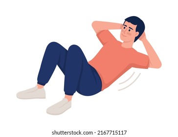 Man strengthening abdominal muscles with exercise semi flat color vector character. Editable figure. Full body person on white. Simple cartoon style illustration for web graphic design and animation