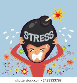 A man with stress all over his head is like a bomb. illustration vector cartoon.