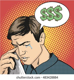 Man in stress and crying. Vector illustration in comic retro pop art style. Business failure concept.