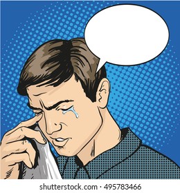 Man in stress and crying. Vector illustration in comic retro pop art style.