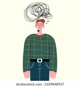 Man in Stress and Depression. Depressed boy with Bewildered Thoughts in Mind Feel Unhappy Emotions, Mental Disease. Cartoon Vector Illustration