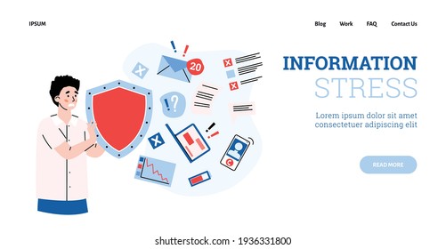 Man in stress holds shield for protection overloading by information data stream