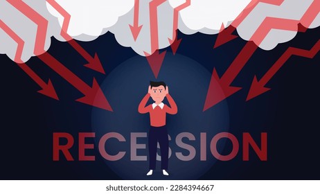 Man in Stress as Recession is approaching and all arrows pointing downwards.