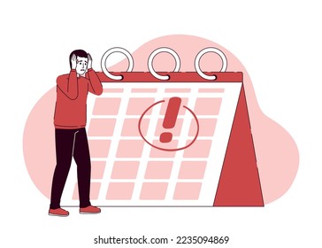 Man betonte über Deadline flach Konzept Vektorgrafik. Nervensatz. Bearbeitbarer 2D-Cartoon-Charakter auf weiß für Web-Design. Kreative Angstidee für Website, Mobil, Präsentation