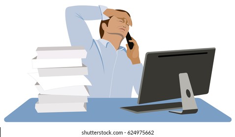Man stressed. Overworked office worker. Tired manager sits at the desk and talks to the client on the mobile phone isolated on white background vector illustration.