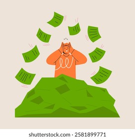 Man is stressed with a lot of papers. Concept overworked. Colorful vector illustration
