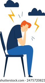 Man stressed sitting chair surrounded storms. Stressed male blue jeans navy shirt problems cloud lightning. Worried guy facing issues mental health stress illustration