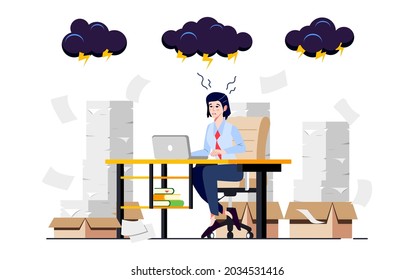 Man stressed at work. Exhausted and sick office worker overloaded with work. Worried businessman suffering from headache. Emotional and professional burnout syndrome concept. Vector Illustration.