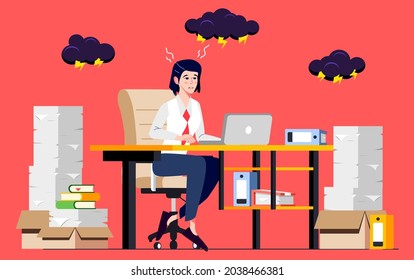 Man stressed at work. Exhausted and sick office worker overloaded with work. Worried businessman suffering from headache. Emotional and professional burnout syndrome concept. Vector Illustration.