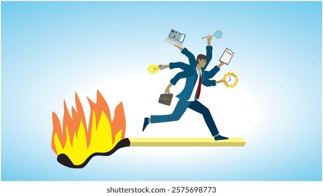 Man in stressful situation. Running along burning match stick.  Stress, multitasking, deadlines and demands. Vector illustration Dimension 16:9.