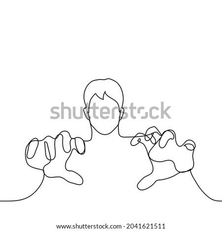 man stretched out his arms to grab the viewer - one line drawing. the concept of scarecrow, intimidation, violence, desire to touch someone, passionately desire something 