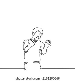 man stretched out his hands palms up open mouth - one line drawing vector. concept gesture of pleading and despair, ask for forgiveness, blame, beg someone
