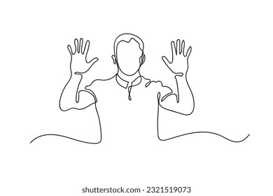 the man stretches both hands as a sign of refusing something. the man gives a sign of disapproval. expression refuse.vector continuous line.isolated white background