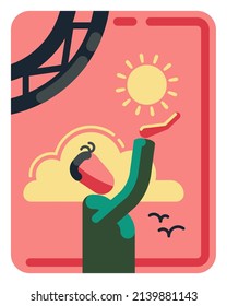 Man stretches his hand to the sun, minimalist illustration, ui ux icon style, sunrise