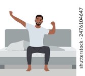 Man stretching in bed after waking up. Flat vector illustration isolated on white background