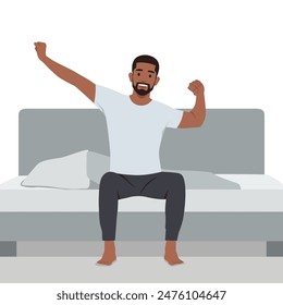 Man stretching in bed after waking up. Flat vector illustration isolated on white background