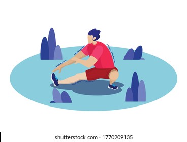 a man stretching before running exercise for good healthty
warm up and warm down activity, workout for jogger and runner.
vector illustration.