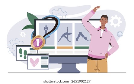 Man stretching beside a large computer screen displaying yoga poses, fitness icons, and a medal, on a white background. Concept of online fitness training. Flat cartoon vector illustration