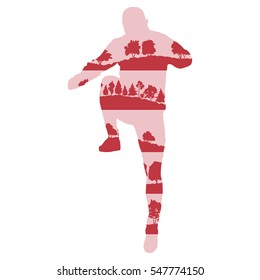 Man stretching body and warming up vector background concept made of forest trees fragments isolated on white