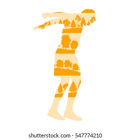 Man stretching body and warming up vector background concept made of forest trees fragments isolated on white