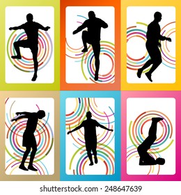 Man stretching exercise warming up and training set vector background concept