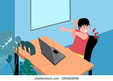 a man is stretching his arm and sholder to relax himself from office syndrome. He is sitting in home office.