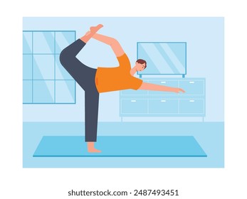 A man is stretching his body to be healthy, exercising at home routine. Character design. Vector flat illustration