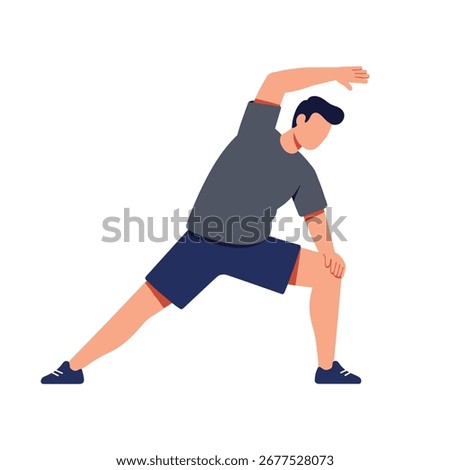 Man stretching his body with side bend exercise on white backdrop, promoting fitness and well being, conveying a sense of health and flexibility.