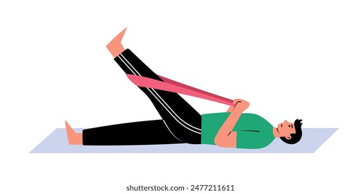 Man is stretching his legs on a mat  with a help of resistance band, psysiotherapy exercise for flexibility. Hand drawn vector illustration in flat design, isolated on white