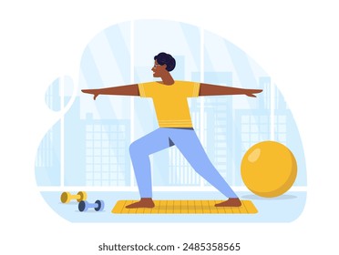Man stretching at home. Young guy training on yoga mat. Active lifestyle and sports. Fitness and workout indoors. Athlete with asana. Flat vector illustration isolated on white background