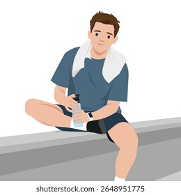 Man Stretching and Hydrating After Workout. Flat vector illustration isolated on white background